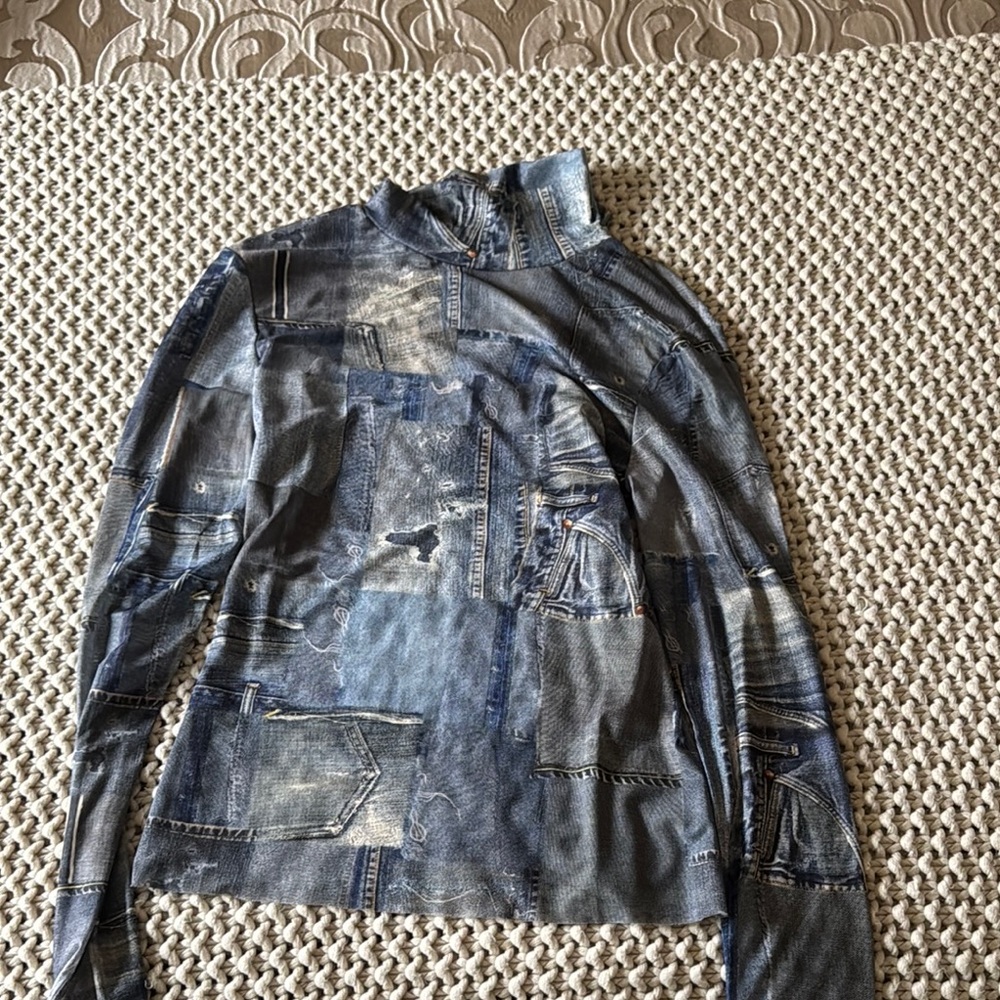 Denim Patchwork Long Sleeve Blouse